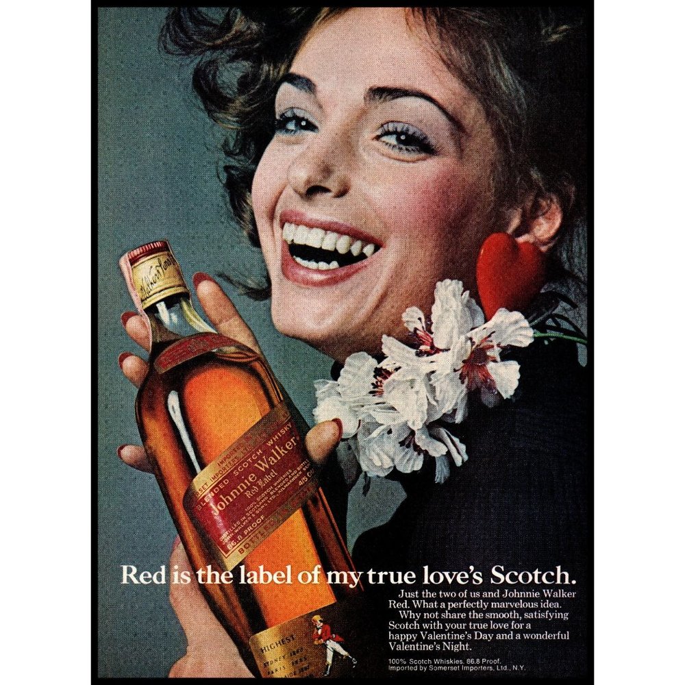 1974 Johnnie Walker Red Label Scotch Vintage Print Ad Woman Flowers Wall Art